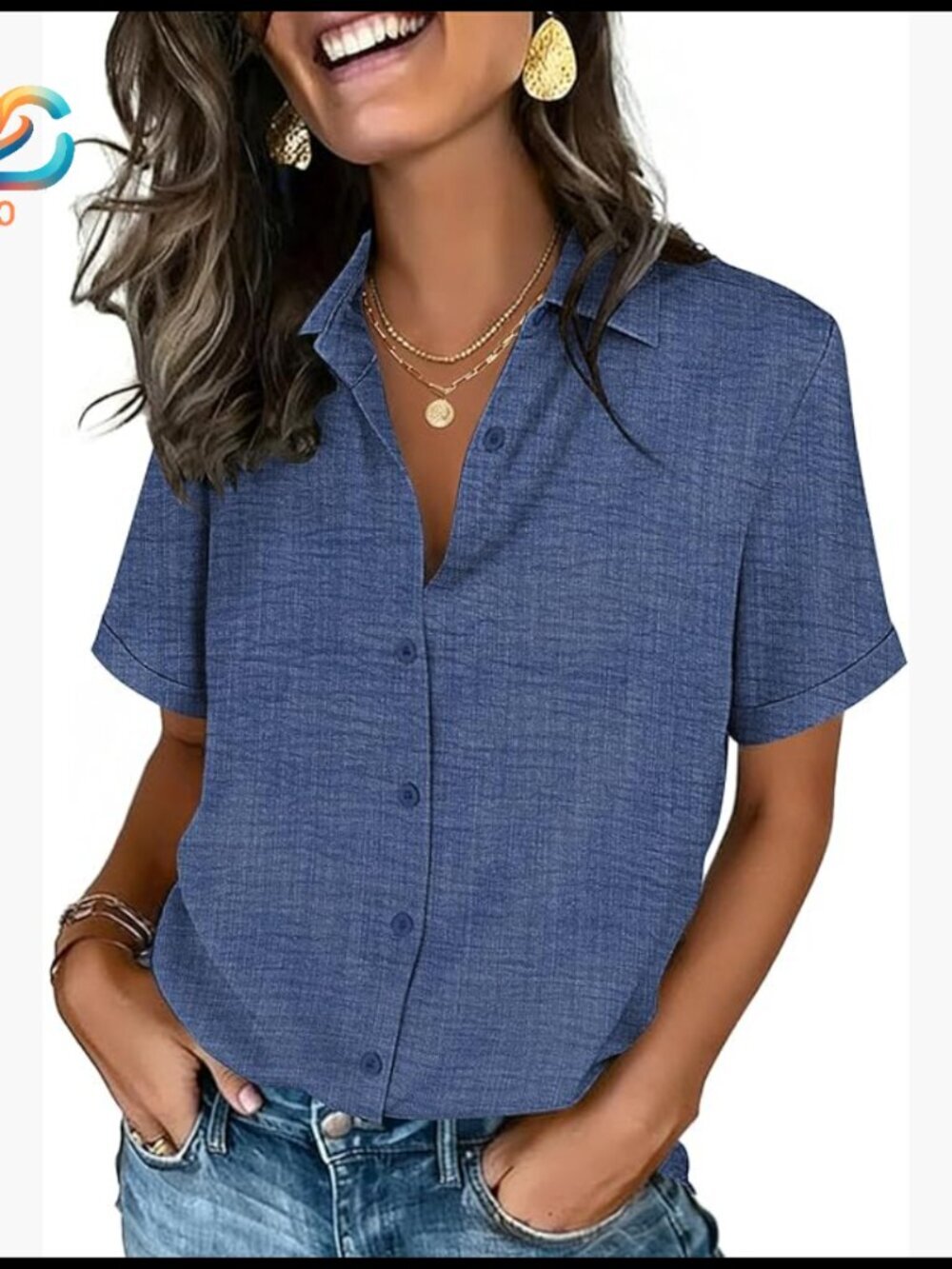 Short Sleeve Button Down Blouse V-Neck Casual Work Top Polyester Blend